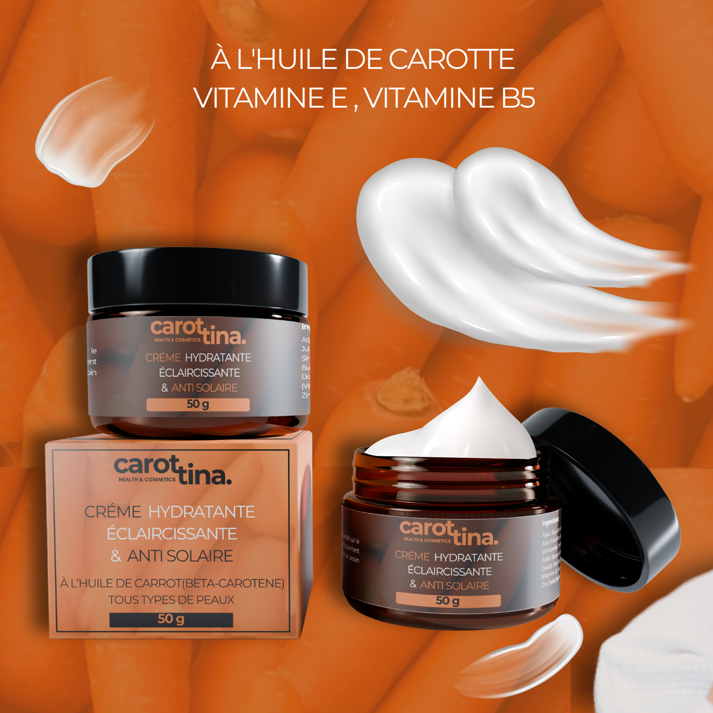 CRÈME HYDRATANTE, ÈCLAIRCISSANTE & ANTI SOLEIL By Carotina®